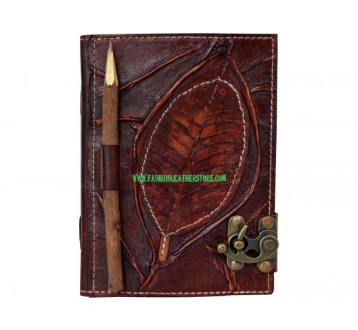 Handmade Antique Leaf With Wooden Pencil Closer Leather Journal Blank Book Sketch Book For Gifts